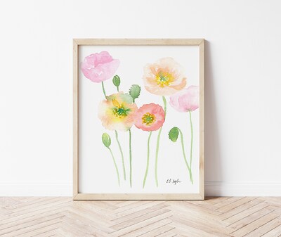Watercolor Poppies Floral Painting, original watercolor art, 8x10, floral wall art, girls room décor, watercolor flowers art - image1